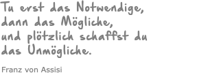 Tu erst das Notwendige, dann das Mögliche, und plötzlich schaffst du das Unmögliche. Franz von Assisi